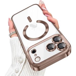 Designed for iPhone 17 Pro Case Magnetic, Compatible with Magsafe, Camera Control Button, Camera Lens Protector, Clear Soft TPU Plated Phone Case for iPhone 17 Pro, Brown