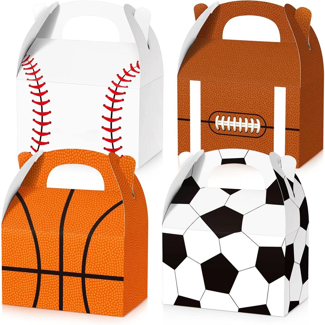 PerKoop 24 Pcs Sports Theme Birthday Party Supplies Soccer Party Treat Boxes Bags Sports Candy Bags Baseball Basketball Gift Boxes with Handle for Baby Shower Supplies Decorations
