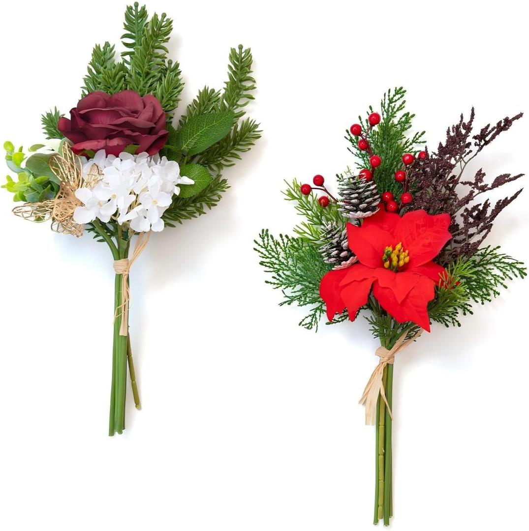 11 Pcs Artificial Flowers Bouquet with Pine Branches, 14" Red Poinsettias Flowers Faux Greenery Spray Stems with Red Berry & Pine Cones, Fake Cedar Picks for DIY Crafts Tabletop Home Party Decor