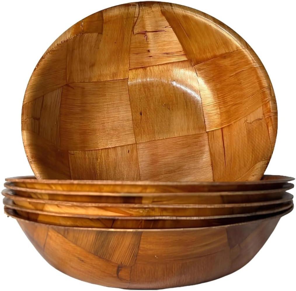 Rich&Richer Wooden Salad Bowl Set - 8 Inch Large Serving Bowls, 6 Piece Woven Wood Mixing Set for Food and Kitchen
