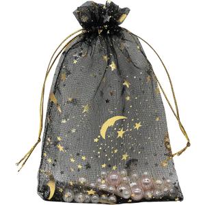Jexila 100PCS Black Organza Gift Bags 4X6 Small Mesh Bags Drawstring Jewelry Pouch Halloween Goodie Treat Bag Moon Star for Birthday Party Favor Candy Bag