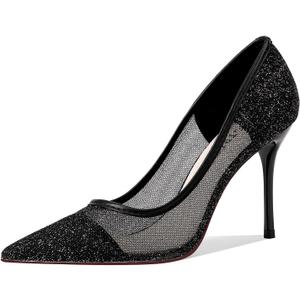 GOSERCE Rhinestone Heels Dressy Women's Stiletto Pointed Toe Pumps Mesh High Heel Pumps Fashion Prom Wedding Evening Party Shoes (Black)