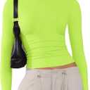 Women's Soft Long Sleeve Shirts Crew Neck Tops Basic Tees Stretchy Going Out Crop Tops Y2K Slim Fit T-Shirts (Neon Green, Small)
