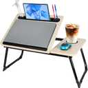 Laptop Bed Desk, Adjustable Lap Desk, Small Laptop Table with USB Charge Port, Desktop Card &Pen Slot, Cup Holder, Foldable Bed Tray Table for Couch Sofa Chair Floor Eating Working (Adjustabla White)