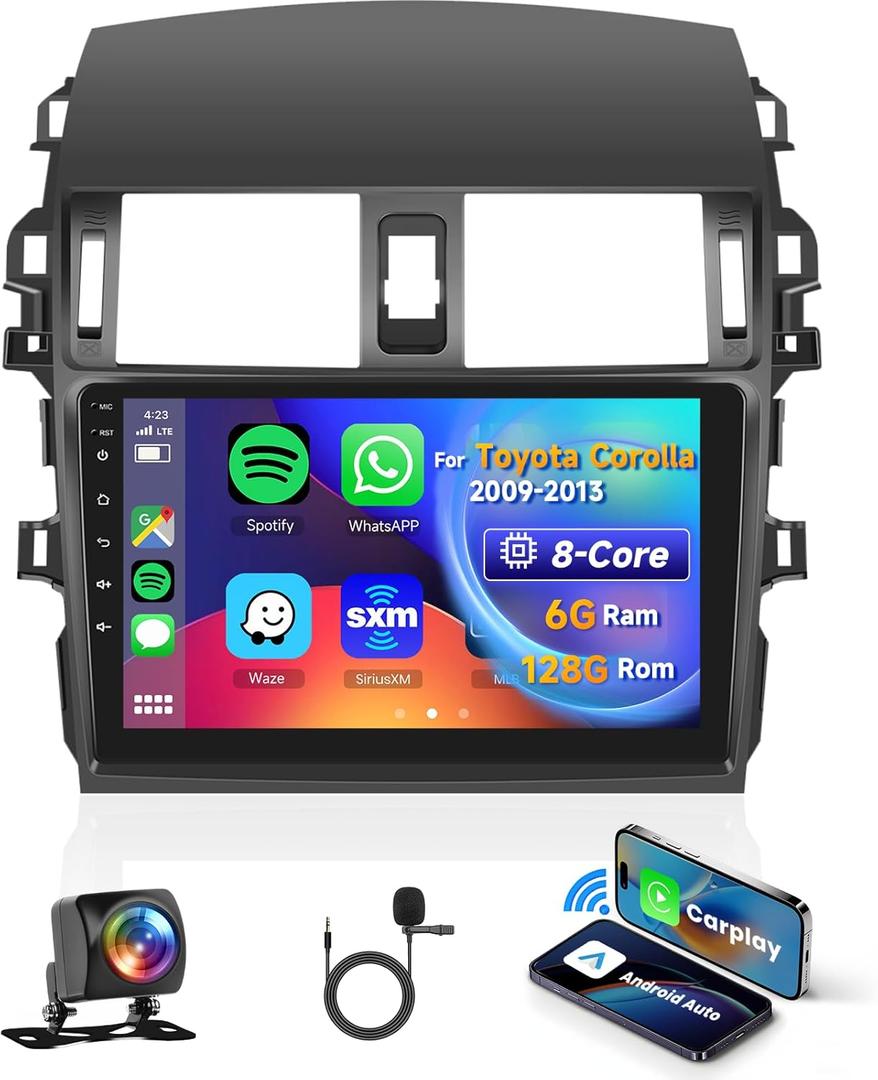 [8 CORE 6G+128G] for Toyota Corolla 2009-2013 Car Radio with Wireless Carplay/Android Auto, 9 Inch Android 13 IPS Touch Screen Car Stereo, Bluetooth, GPS, WiFi, DSP, SWC + HD Backup Camera