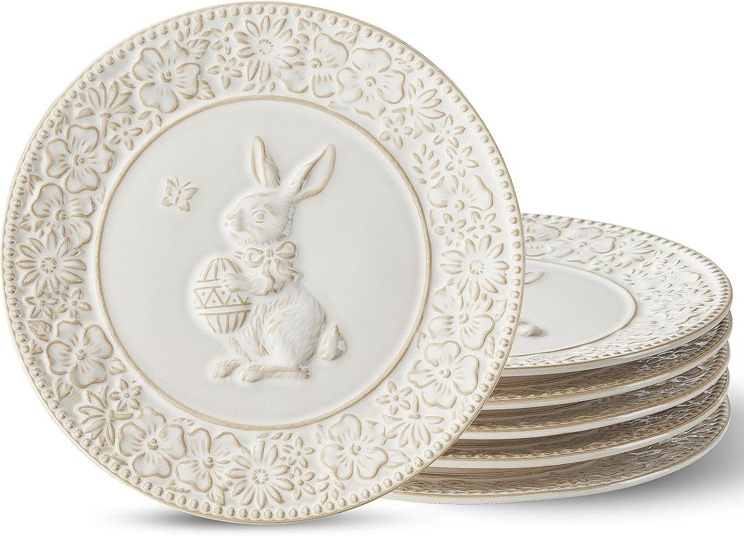 Metahom Easter Salad Plates, 8 Inch Ceramic Bunny Plate Set, Floral Dessert Dishes, Small Dinner Plates, Dishwasher & Microwave Safe, Set of 6, Cream White
