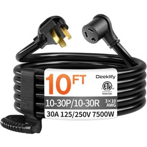 10 FT 3 Prong Dryer Extension Cord Outdoor Black, 30 AMP 10/3 Gauge Heavy Duty, NEMA 10-30P to 10-30R, Waterproof STW Jacket ETL Listed for Dryers & EV Charging