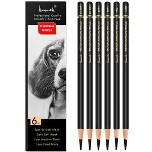 Professional Charcoal Pencils Drawing Set - 6 Pieces Soft Medium and Hard Charcoal Pencils for Drawing, Sketching, Shading (Black)