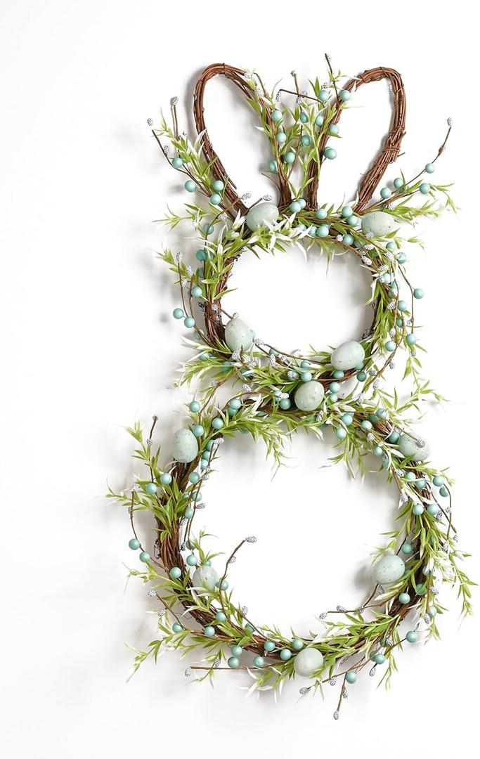 DN DECONATION Easter Bunny Spring Wreath with Egg, Twig and Berries Green Rabbit Easter Wreath for Front Door Decorations Home Farmhouse Outdoor Indoor Wall Mantel Window (1Pcs)