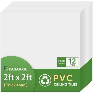 24"x24" White Drop Ceiling Tiles Waterproof High-Grade PVC Ceiling Tiles 2x2 Fire-Rated - Easy Drop-in Installation - Case of 12 (48 sq. ft.) (2ft x 2ft)