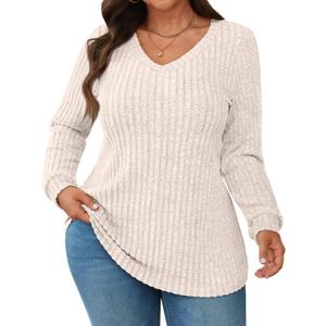 WYNNQUE Womens Plus Size Tops Long Sleeve V Neck Shirts 2025 Fall Fashion Tunic Sweaters Dressy Casual Winter Clothing Apricot 3XL
