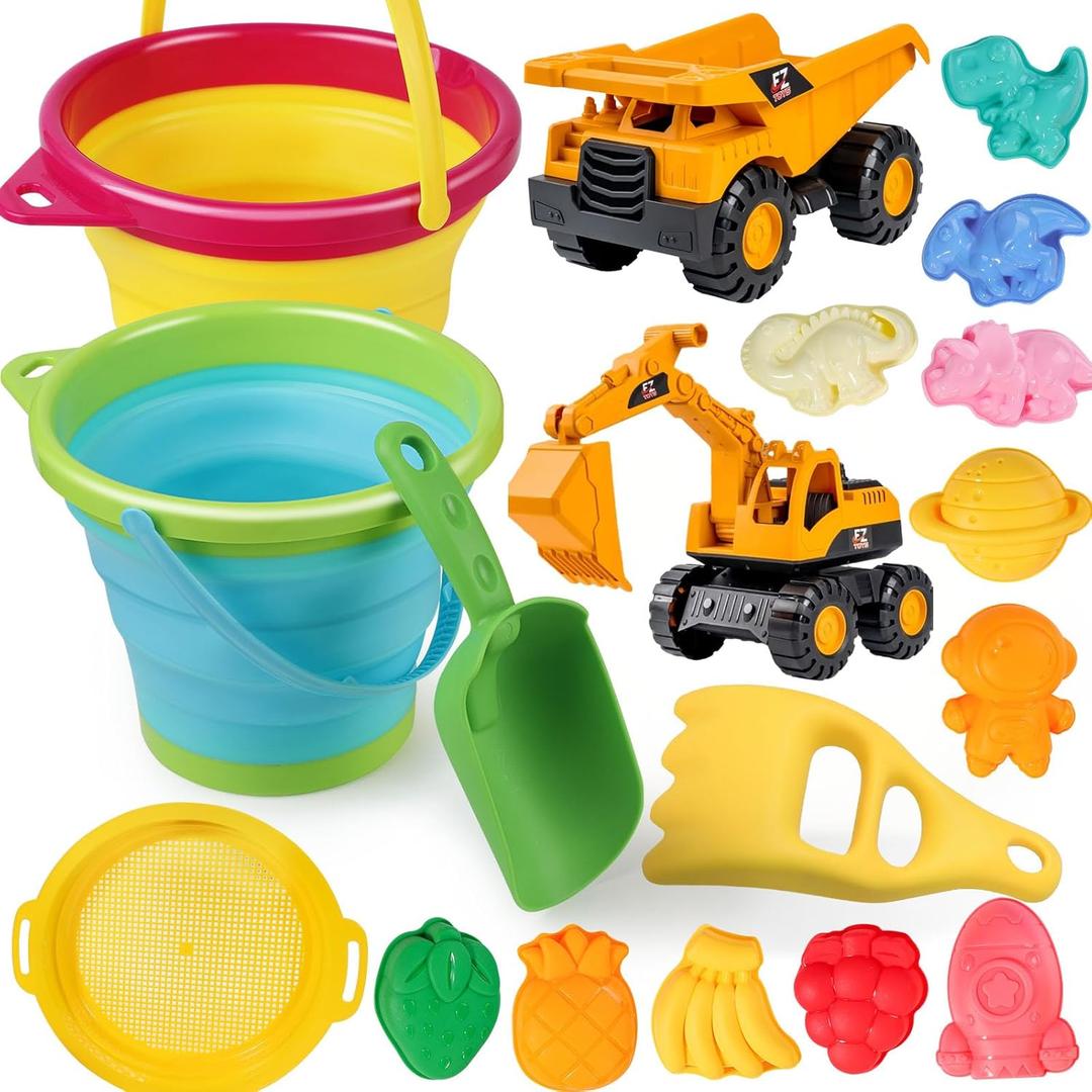 WeCraftool Beach Sand Toys, Sandbox Toys Set with 2 Collapsible Toy Buckets, 2 Dump Truck, Dinosaur Space Fruit Molds, Shovels, Mesh Bag, Summer Beach Essentials for Toddlers Kids Boys Girls Ages 3-10