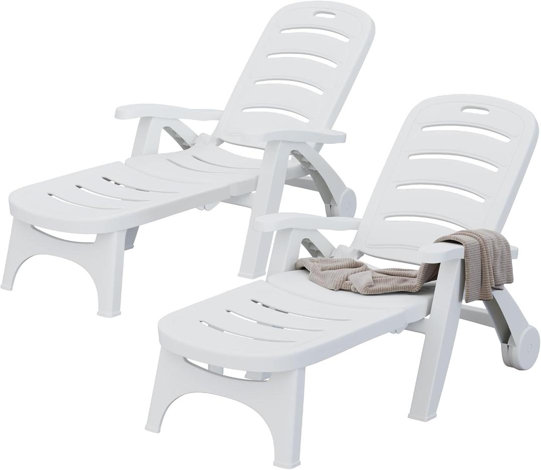 YITAHOME Outdoor Chaise Lounge on Wheels, Set of 2 PP Plastic Folding Patio Chairs with 5-Level Adjustable Backrest for Pool, Garden, Beach, Sunbathing, Yard, and Poolside Lounging