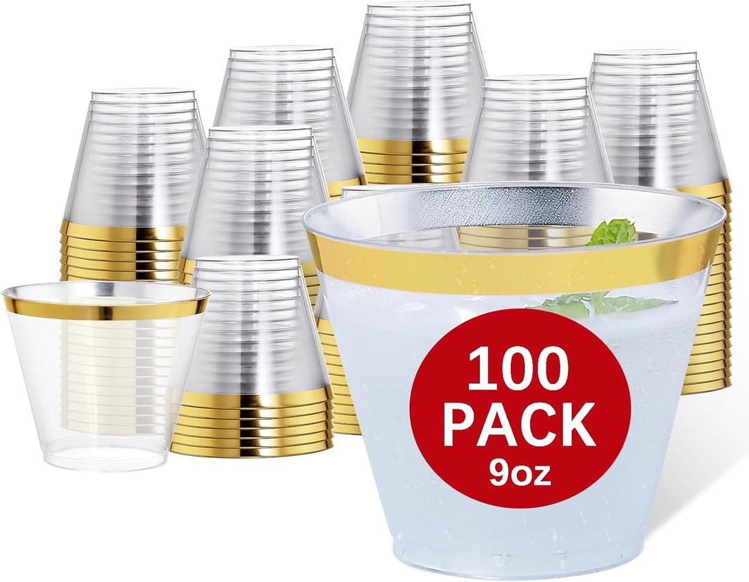 Hioasis 100PCS Gold Plastic Cups,9Oz Gold Rimmed Plastic Cups,Clear Plastic Cup with Gold Trim,Heavy Duty Clear Disposable Plasitc Cup for Party,Wedding,Reception
