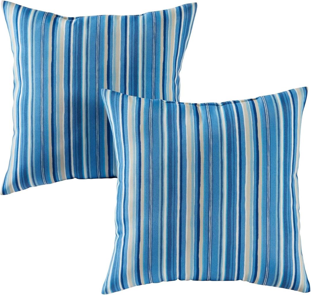 Set of 2 Outdoor Throw Pillows 17 x 17 Inch – Reversible Square Patio Accent Pillows – Weather-Resistant Polyester Fabric – Eco-Friendly Recycled Polyfiber Fill, Sapphire Stripe