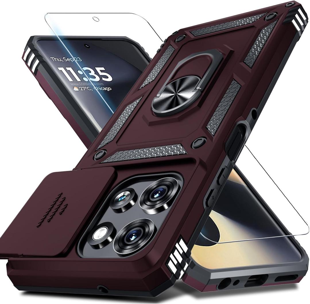 Janmitta Compatible with Moto G Power 5G 2026/2025 Case Built in Slide Camera Lens Cover+Screen Protector+Finger Ring Holder Kickstand,Heavy Duty Shockproof Full Body Protective Phone Cover,Red