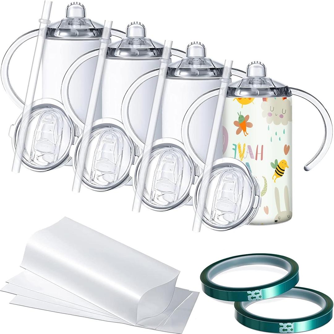 Sublimation Sippy Cup Blank with Handle, 12oz Stainless Steel Sippy Cups, Kids Cups with Straws and Lids Spill Proof Double Wall Vacuum Cup for Children(4 Pack)