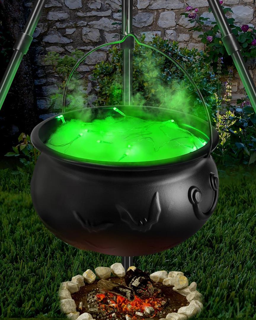 2025 Large Witch Cauldron Halloween Decorations Outdoor, Black Plastic Bowl Decor on Tripod with Lights Halloween Cauldron Pot Witches Cauldron Hocus Pocus Candy Bucket Decoration for Porch Home Party