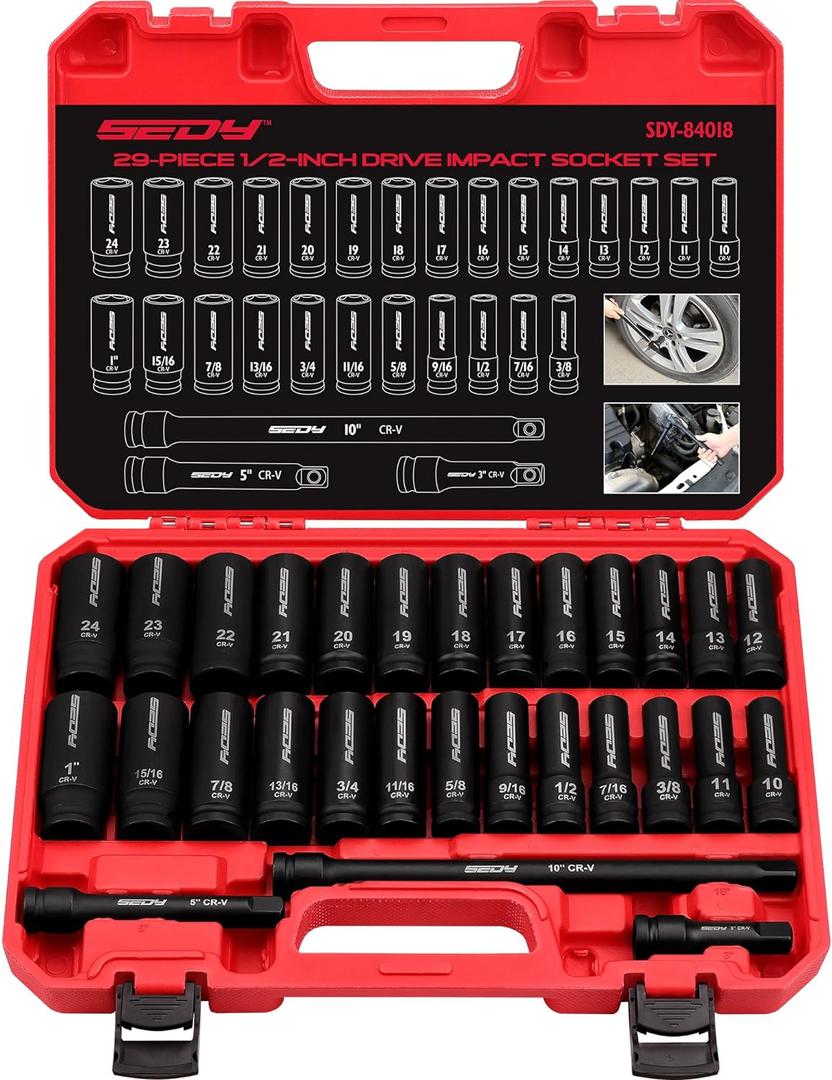 29-Piece 1/2" Drive Impact Socket Set, SAE (3/8 to 1 inch) and Metric (10-24mm) Sizes with Extension Bars Standard Deep Socket Set CR-V Material High Durability Impact Wrench