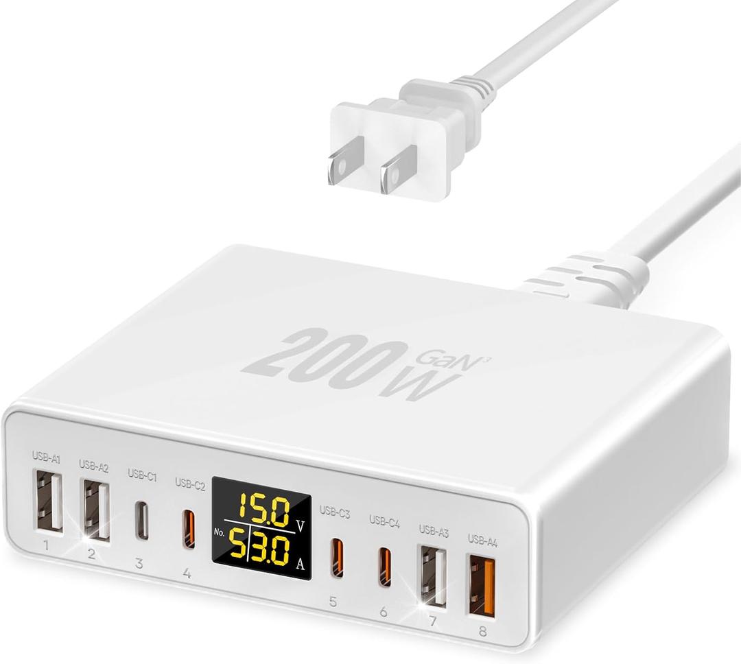 200W USB C Charger 8-Port with LED Display, USB Charging Station GaN Multiport Fast Charger Block PD QC 3.0 PPS USBC Charging Hub Compatible with iPhone Samsung MacBook Laptop Pad, Matte White