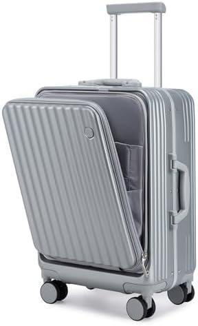 Somago Carry on Luggage Front Open 22x14x9 inches Airline Approved Lightweight Suitcase with Cup Holder and USB Port Aluminum Frame Polycarbonate Spinner Hard Suitcase with TSA Lock (Silver)