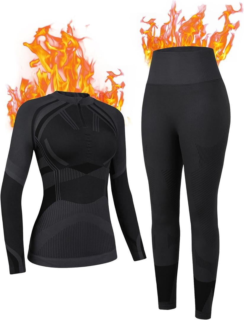 ATTRACO Womens Thermal Underwear Sets Half Zip Womens Long Johns Underwear Thermal Wear for Women Thermal Set Winter (Large, Black)