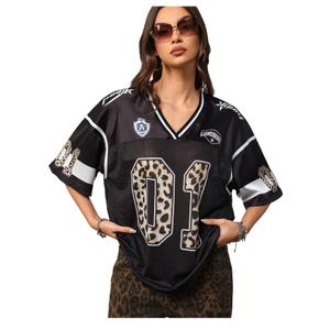 RoseSeek Women's Y2k Football Jersey Shirts V Neck Mesh Oversized Tshirts (Black, XS)