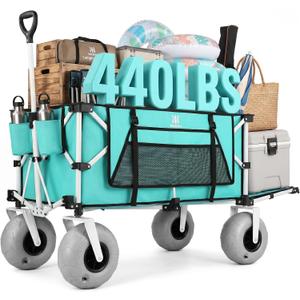 Navatiee 260L Beach Wagon with Extended Tailgate, 440lbs Heavy Duty Beach Cart with 9 Big Balloon Wheels for Sand, Collapsible Folding Wagon with Side Pocket for Outdoor, Light Blue