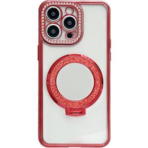 Caseative for iPhone 16 Pro Case,Glitter Bling Diamond Camera Frame Mirror with Stand Holder Magnetic Compatible with MagSafe Wireless Charging (Red,16 Pro)