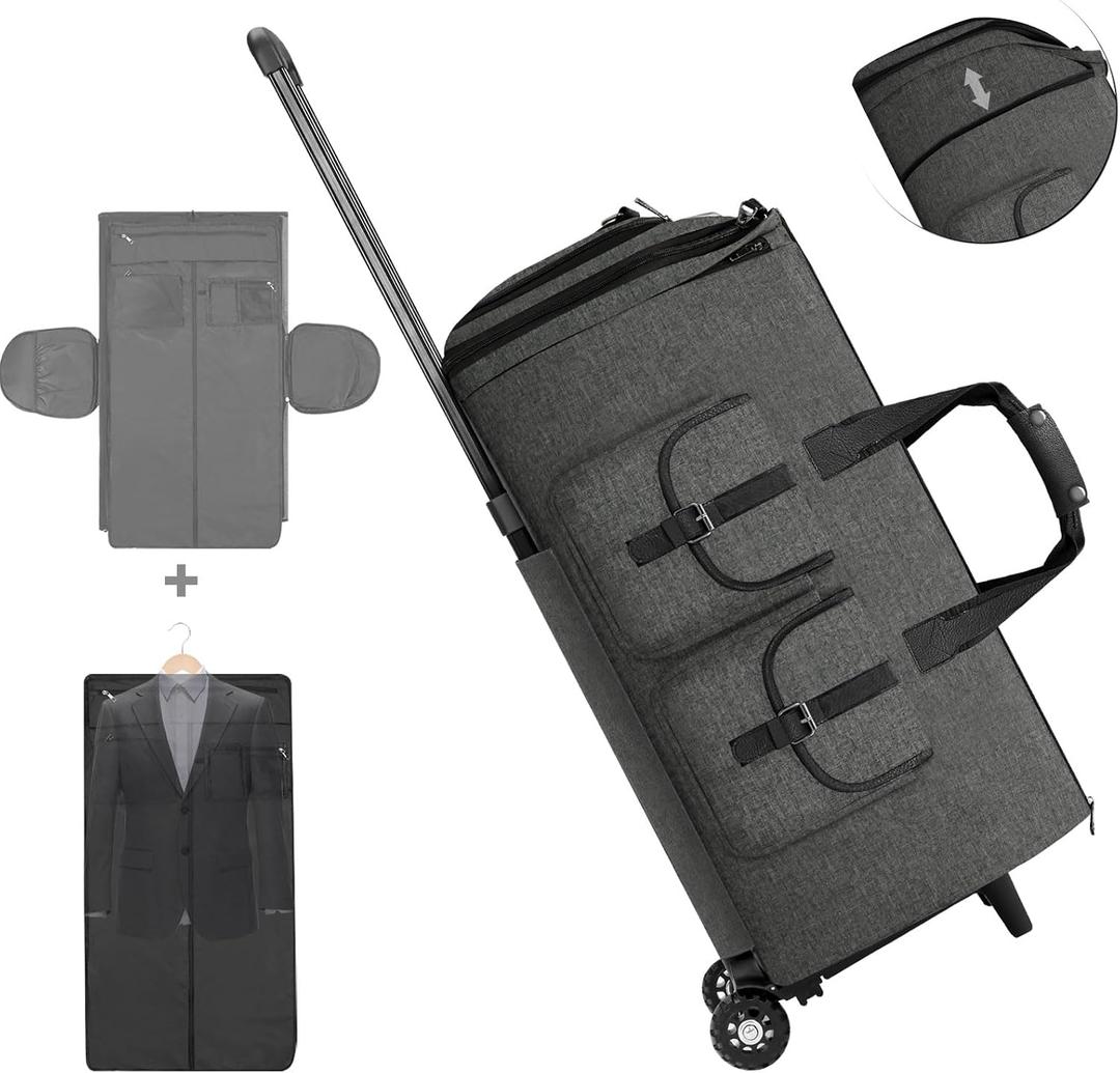 LemoHome Rolling Garment Bags for Travel,Convertible Duffle Bag with Wheels,Roller Carry on Luggage with Removable Garment Bag,Weekender Suitcase with Shoe Compartment for Men and Women (Grey2)