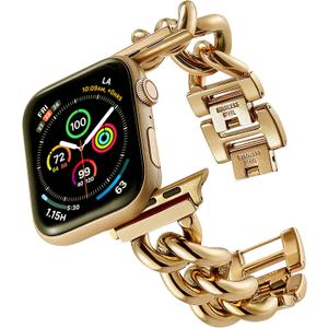 Compatible With Apple Watch Band 38mm 40mm 41mm 42mm 44mm 45mm 49mm, Gold Cowboy Chain Stainless Steel Metal Wristband Women Men Replacement for iWatch SE Series Ultra/9/8/7/6/5/4/3/2/1
