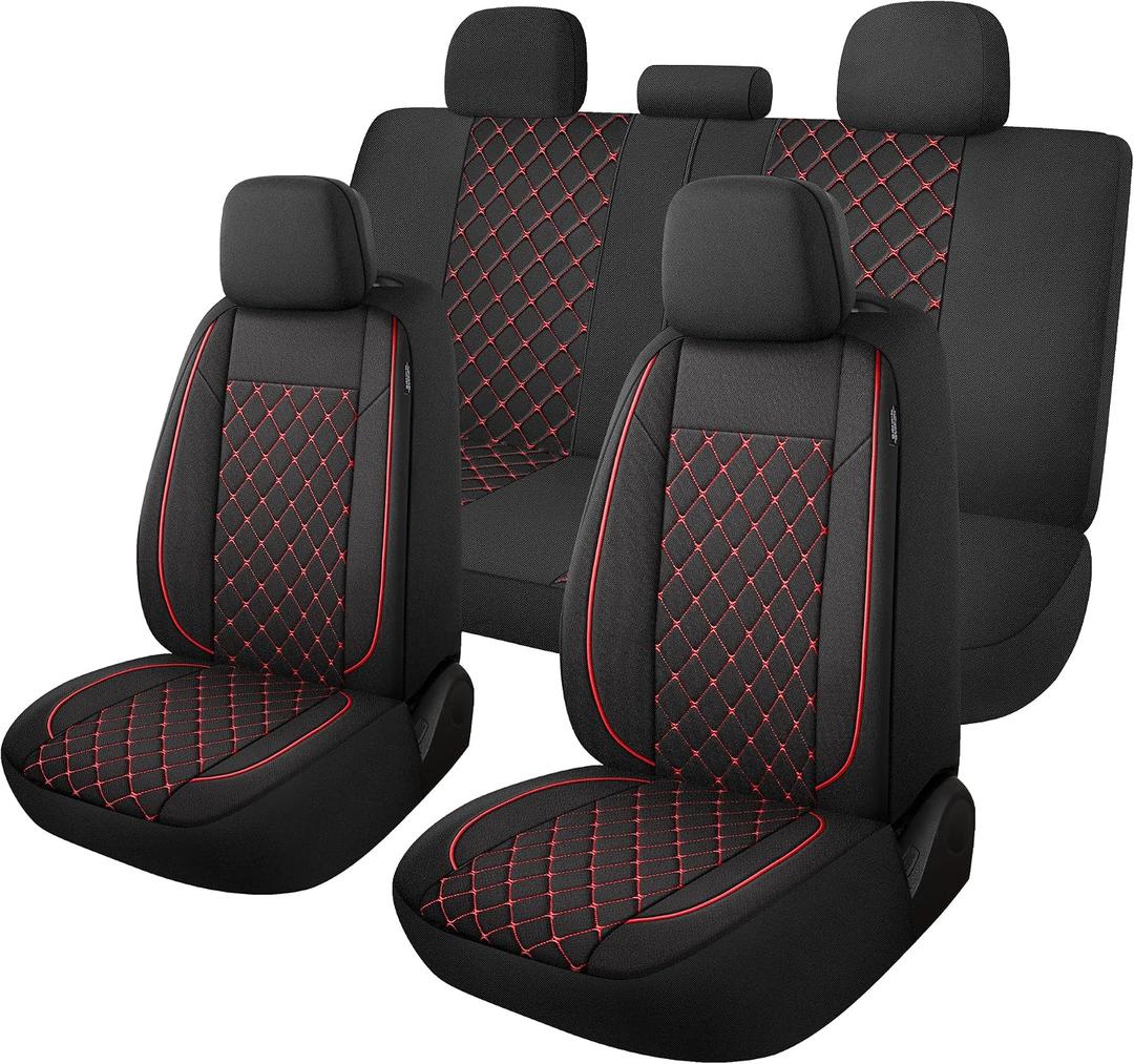 YGL Breathble Car Seat Covers Full Set, Washable Seat Covers for Cars, Premium Cloth Car Seat Protectors, Interior Covers for Cars, Sedan Van Truck SUV(Black/Red)