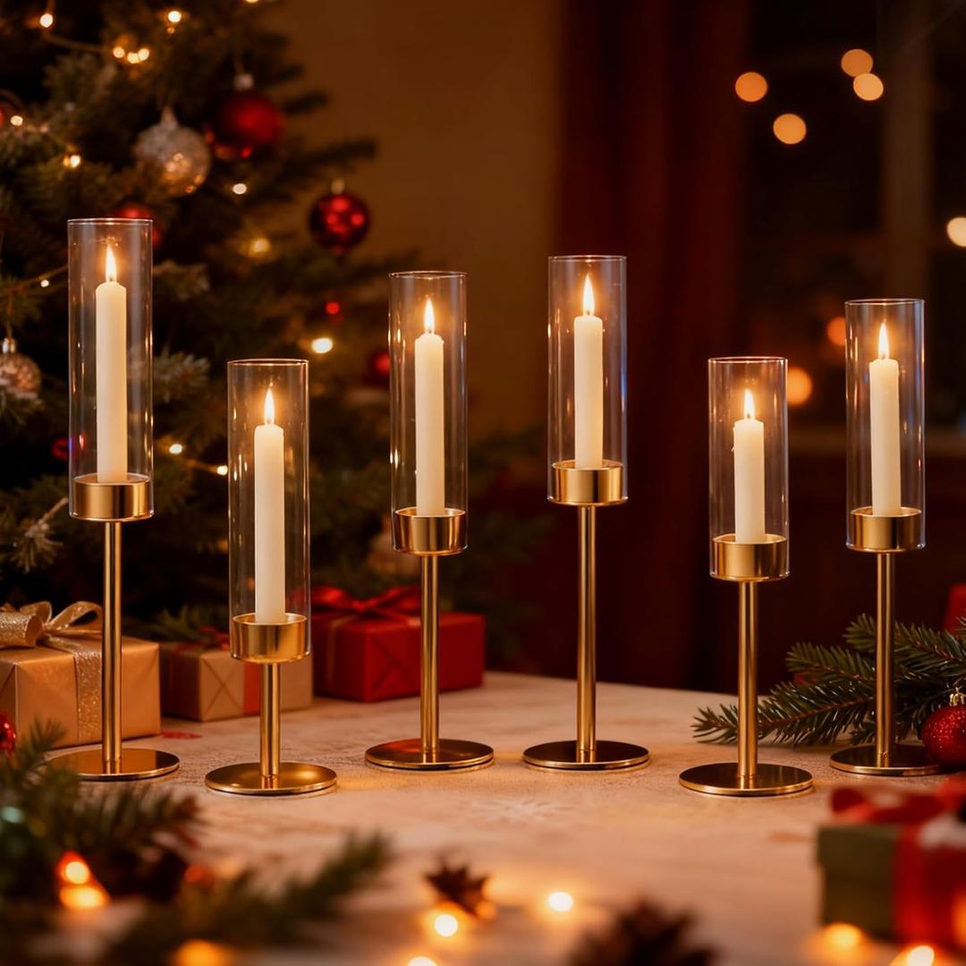 PHOSPHOR Gold Hurricane Candle Holder 6-Piece Tall Glass Candle Holder with Gold Metal Frame for Table Centerpieces, Weddings, Christmas, Parties, Home Decor