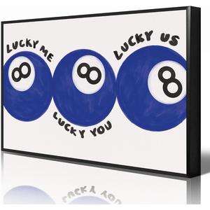 Blue 8 Ball Poster, Lucky Me Lucky You Lucky Us Quote Canvas Wall Art, Playful Billiards Balls Picture Print, Retro 8ball Pool Painting for Bar Cart Game Room Man Caves Wall 12x16in Unframed