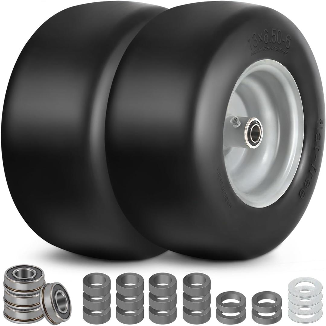 13x6.50-6 Flat Free Tire and Wheel with 3/4" & 5/8" Bearings, 13x6.50-6 Lawn Mower Tires for Zero Turn Mower, Riding Lawn Mower for Commercial Grade Lawn, 4"-7.2" Centered Hub (Gray-2 Pack)