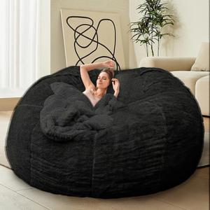 HDMLDP Bean Bag Chair Cover for Adults Kids Comfy Fluffy Giant Round Beanbag Cover Floor Chair Cover for Stuffed Animals Storage, 7FT, Black