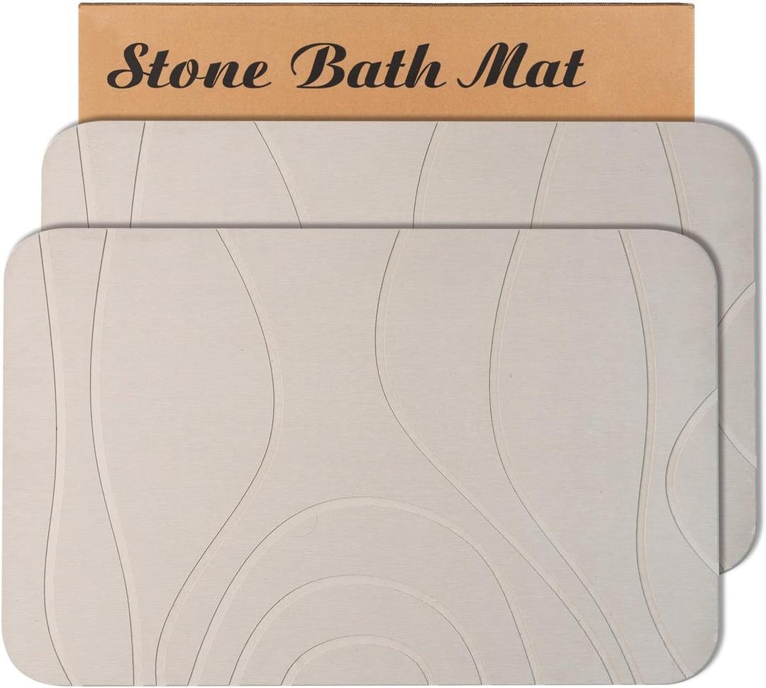 Stone Bath Mat, 2 Pack Diatomaceous Earth Shower Mat, Non-Slip Super Absorbent Quick Drying Bathroom Floor Mat, 24x15, Greyish White