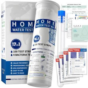 17 in 1 Complete Water Testing Kits for Drinking Water - 100 Strips + 4 Bacteria Tests - Tap and Well Water Test Kit, Easy to Test and Read for Hardness, Lead, Iron, Fluoride, pH, Bacteria and More
