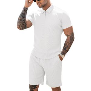 URRU Men's Polo Shirt and Shorts Set Summer Outfits Casual Short Sleeve Polo Suit for Men 2 Piece Shorts Tracksuit Set (White, M)