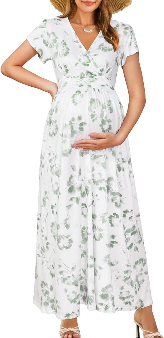 OUGES Maternity Maxi Dress Wrap Baby Shower Pregnancy Dresses for Photoshoot Maternity Outfits Summer Clothes 2026 (Medium, White Green Floral)