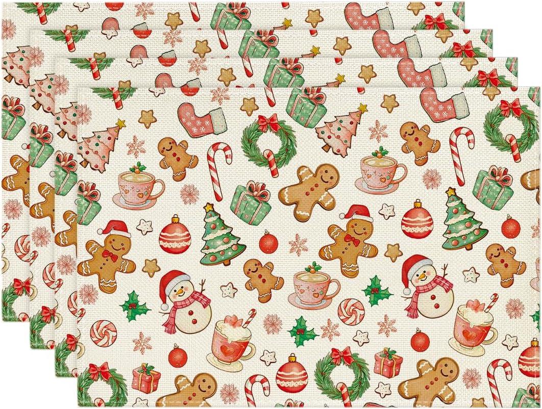 Artoid Mode Gingerbread Gifts Trees Christmas Placemats Set of 4, 12x18 Inch Seasonal Winter Holiday Place Mats for Party Dining Table (Red)