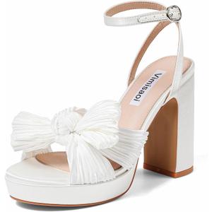 VIMISAOI Women's Bow Knot Platform Heels Open Toe Chunky Heeled Sandals Ankle Strap Comfortable Wedding Party Dress Shoes for Bride, Size 7.5