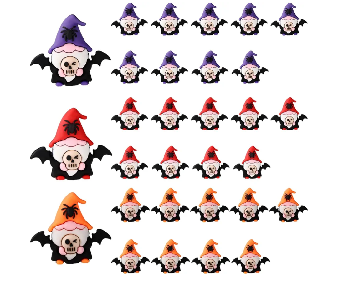 30pcs Mini Halloween Gnomes, 3 Colors PVC Material Quirky Themed Gnome Miniature Tiny Small Statues with Bat and Spider Element for Halloween Party Themed Party Decoration Hide and Seek Favors