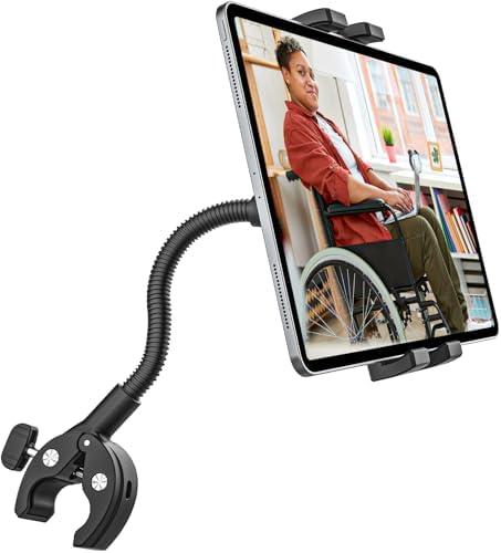 GDZN Wheelchair & Electric Wheelchairs Tablet Holder for Wheelchairs Pole 0.5"–2.1" in Diameter, 360° Adjustable iPad Clamp Fits 4.7"–15.6" Tablets, Gooseneck Aluminum Arm, Foldable Design, Anti-Slip