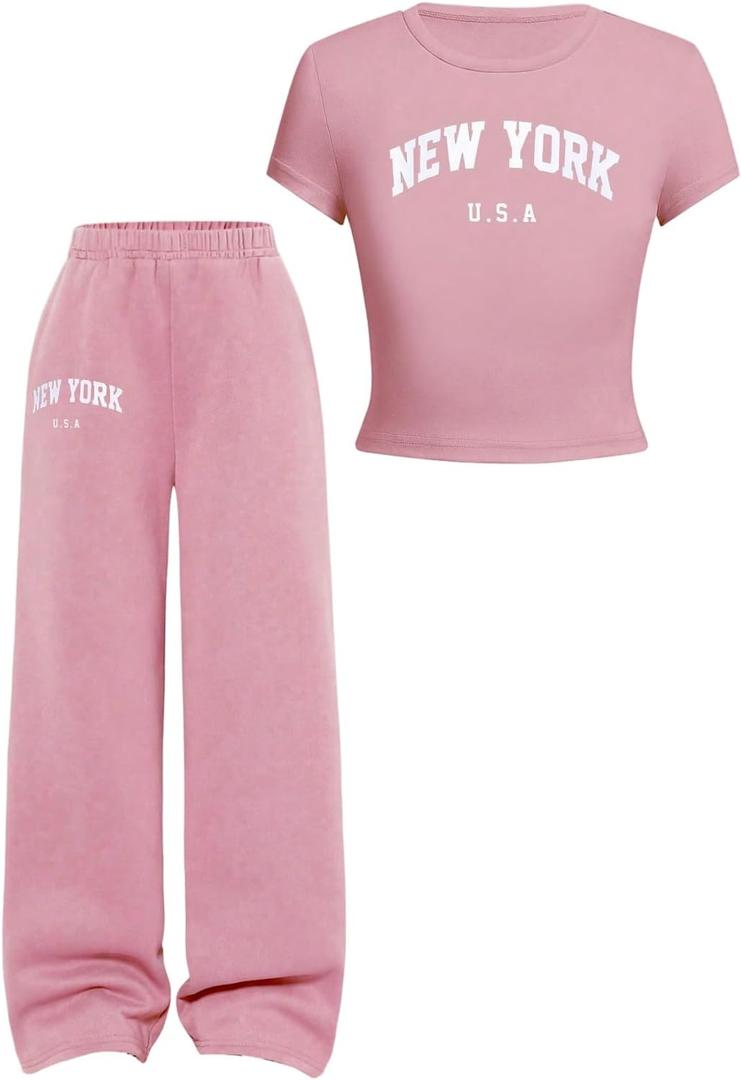 RoseSeek Girl's 2 Piece Summer Outfits Letter Graphic Tees and Wide Leg Baggy Pants Set Casual Cute Clothes (Pink)