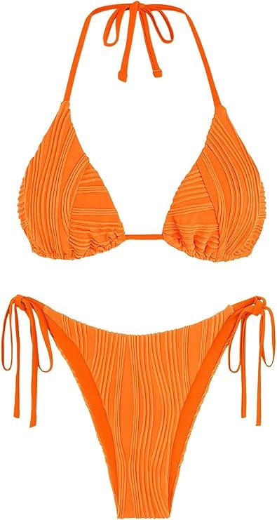 ZAFUL Bikini Sets for Women Halter Two Piece Swimsuit Ribbed High Cut Tie Side Thong Bathing Suit Sexy Padded Swimwear, L
