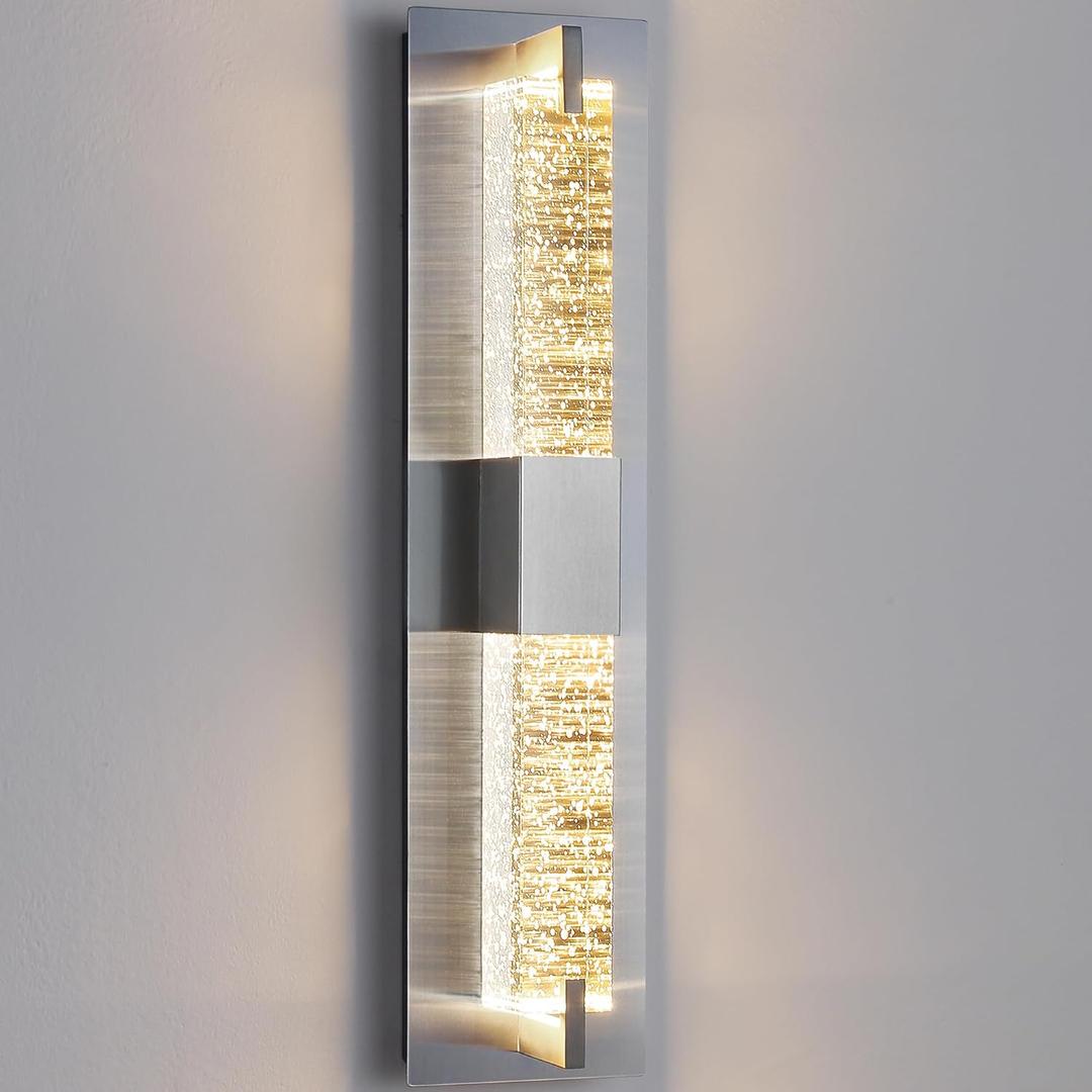 WOSHITU LED Wall Sconce Light: 19 Inch Nickel Modern Sconces Wall Lighting 3000K Dimmable Crystal Wall Lamps Indoor Bathroom Sconce Wall Mount Light Fixtures for Living Room/Bedroom/Hallway