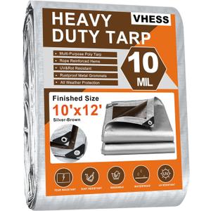 Tarps Heavy Duty Waterproof 10 X 12, 10 Mil Multipurpose Poly Tarp Cover, tarp Waterproof UV Resistant Tear & Fade Resistant, Outdoor Tarpaulin for Roof, Camping, Patio, Pool, Boat, Car (Silver/Brown 10mil)