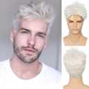 Baruisi Men's Cream White Short Layered Synthetic Full Wig with Wig Cap