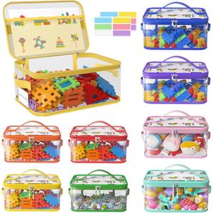 8 Packs Large Toy Storage Bags with Labels, Reusable Clear PVC Board Game Storage, Travel Waterproof Toy Organizer Bags with Name Tag and Manual Pocket for Building (L, XL)